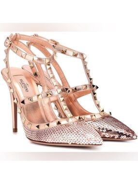 Valentino Rockstud Rose Gold Sequin Caged High Heels Size 39